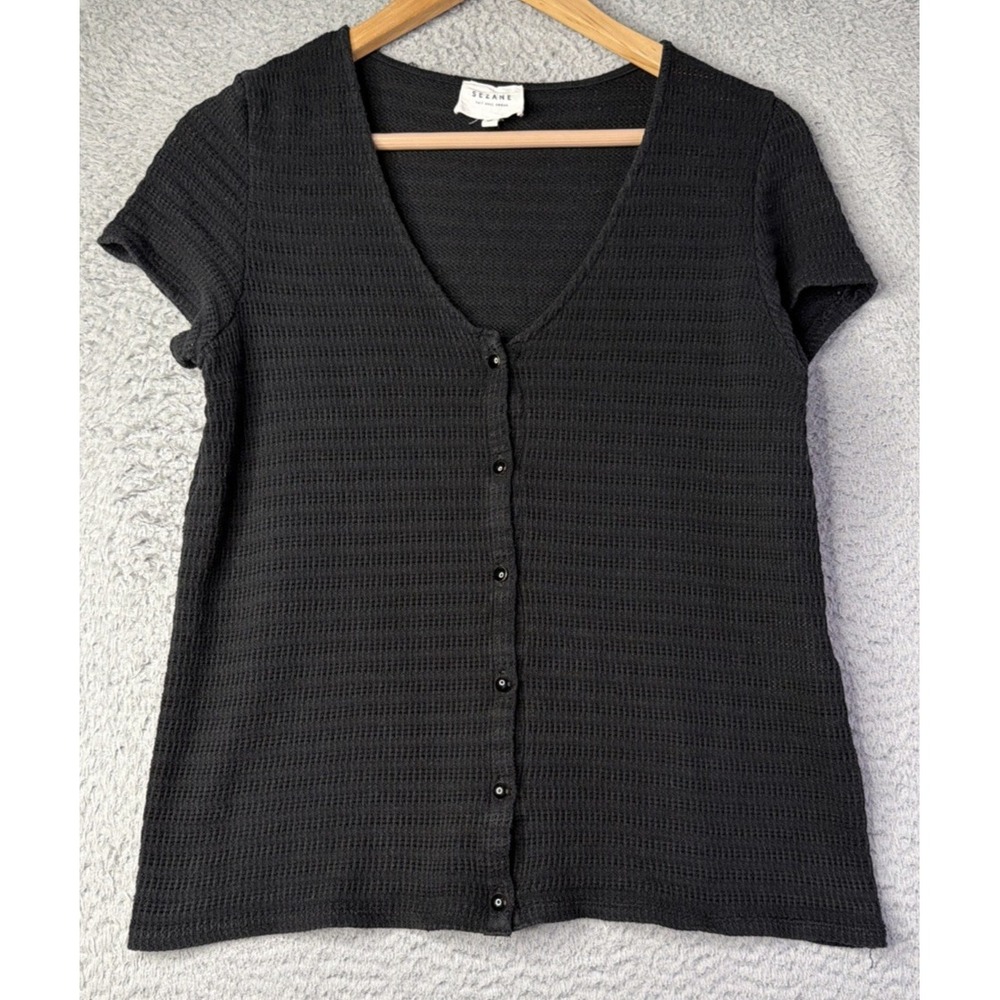 Sezane Top Womens Size Medium Black Short Sleeve Button Up V-Neck Cotton Top